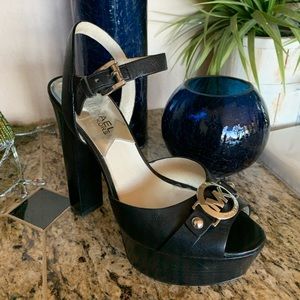 Michael Kors black leather stacked heels